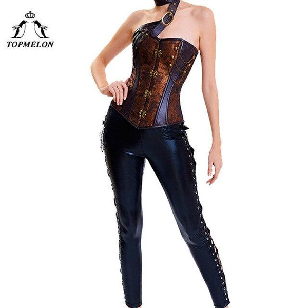 TOPMELON Corselet Single Shoulder Steampunk Bustier Sexy Women Gothic Shapers Chains Floral Choker Tops for Holiday Cosplay Show