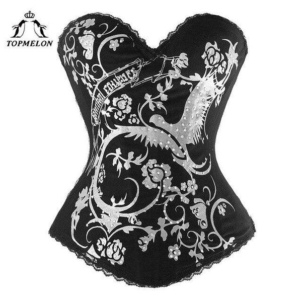 TOPMELON Gold Women Tops Overbust Floral Printed Corset Lace Edging Strapless Corsets Slimming Boned Bustiers Bead Body Shaper