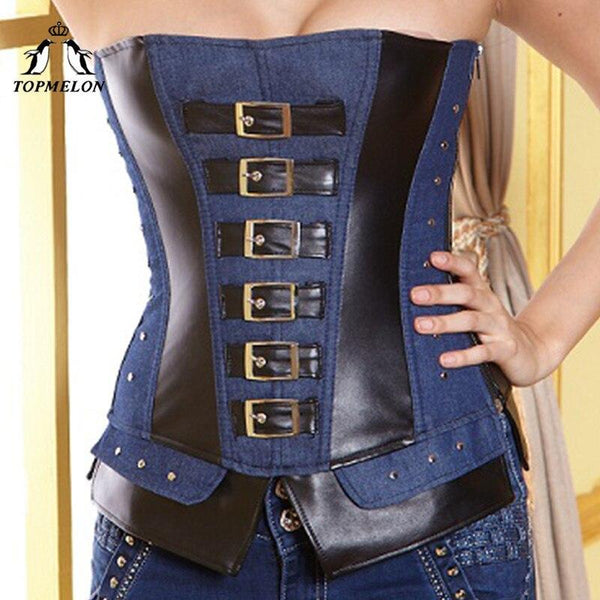 TOPMELON Denim Corset Blue Military Style Corselet Rivets Buckles Decorated Costume Ladies Clothing Punk Sexy Tops New Fashion