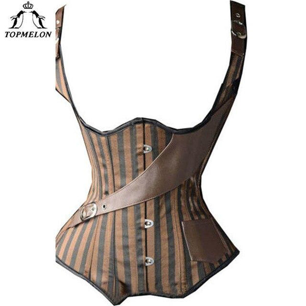 TOPMELON Underbust Corset Modeling Strap Corset Gothic Steampunk Corset Women Bustier Corselet Brown Leather Strip Tops Vest
