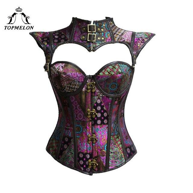 TOPMELON Gothic Corset Steampunk Hollow Out Bustier Women Retro Slim Rivet Floral Lace Up Tops Sexy Costume Purple Black