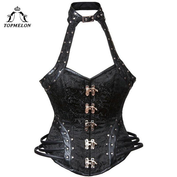 TOPMELON Retro Steampunk Gothic Corselet Punk Halter Choker Corset Women Bustier Corsets Rivet Black Party Shows Lace Up Tops