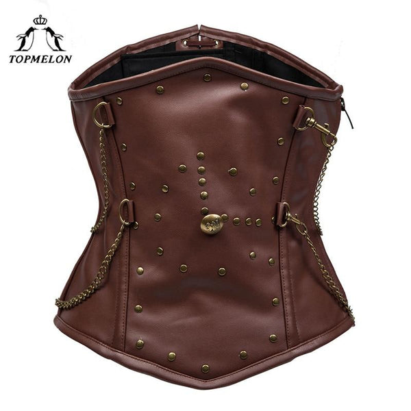 TOPMELON Underbust Corset Steampunk Bustier Gothic Corselet Corset Women Bustier Modeling Strap Brown Chains Rivet Corset Tops