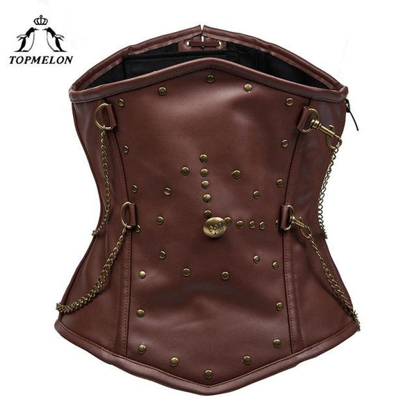 TOPMELON Underbust Corset Steampunk Bustier Gothic Corselet Corset Women Bustier Modeling Strap Brown Chains Rivet Corset Tops