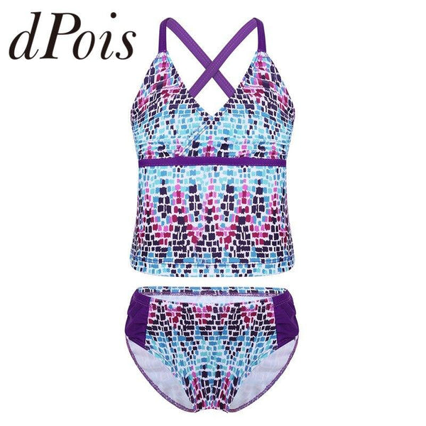 2PCS Kids Girls Tankini Spaghetti Shoulder Straps Digital Printed Swimsuit Swimwear Tops with Bottoms Bathing Suit Set Beachwear