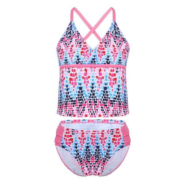 2PCS Kids Girls Tankini Spaghetti Shoulder Straps Digital Printed Swimsuit Swimwear Tops with Bottoms Bathing Suit Set Beachwear