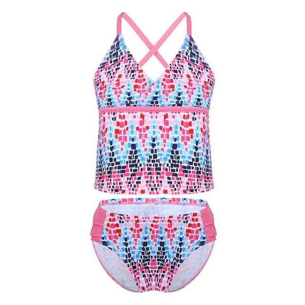 2PCS Kids Girls Tankini Spaghetti Shoulder Straps Digital Printed Swimsuit Swimwear Tops with Bottoms Bathing Suit Set Beachwear