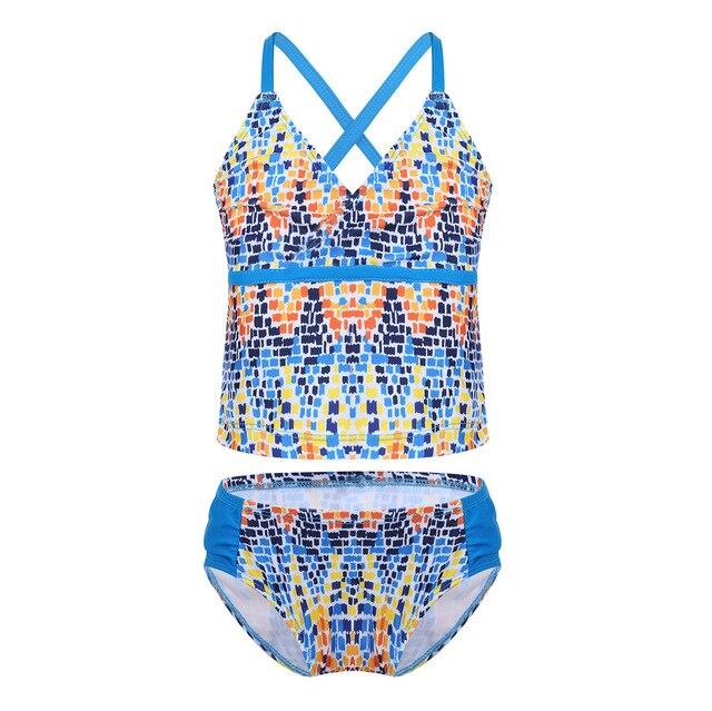 2PCS Kids Girls Tankini Spaghetti Shoulder Straps Digital Printed Swimsuit Swimwear Tops with Bottoms Bathing Suit Set Beachwear