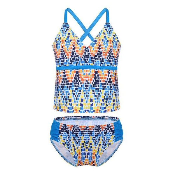 2PCS Kids Girls Tankini Spaghetti Shoulder Straps Digital Printed Swimsuit Swimwear Tops with Bottoms Bathing Suit Set Beachwear