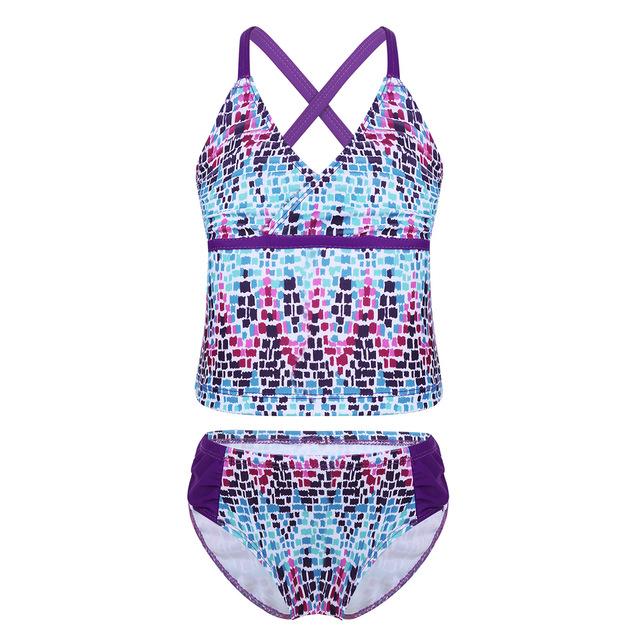2PCS Kids Girls Tankini Spaghetti Shoulder Straps Digital Printed Swimsuit Swimwear Tops with Bottoms Bathing Suit Set Beachwear