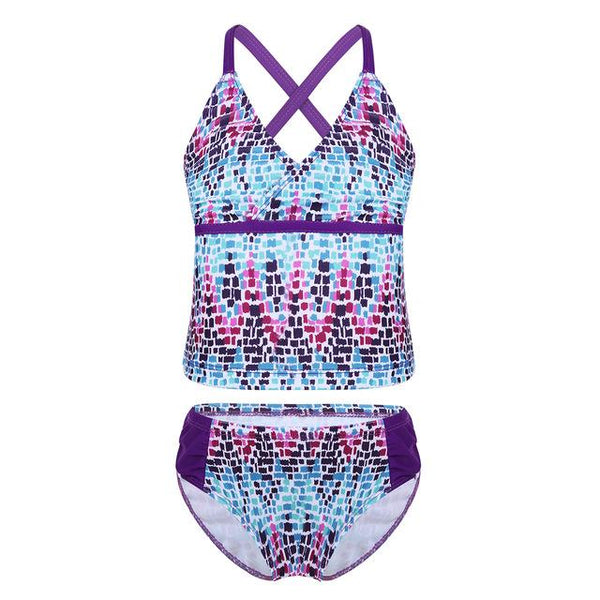 2PCS Kids Girls Tankini Spaghetti Shoulder Straps Digital Printed Swimsuit Swimwear Tops with Bottoms Bathing Suit Set Beachwear