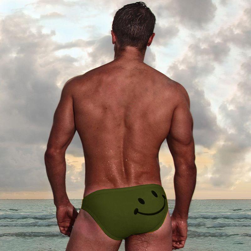 Men Swimming Sexy Briefs Cartoon Smiling Face Printed Low Waist Elastic Cotton Beach Trunks Swimwear Swimsuit Swimming Suit