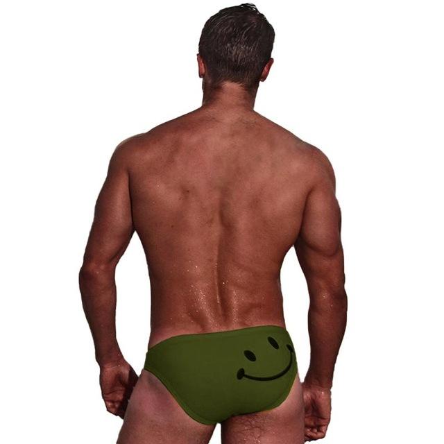 Men Swimming Sexy Briefs Cartoon Smiling Face Printed Low Waist Elastic Cotton Beach Trunks Swimwear Swimsuit Swimming Suit