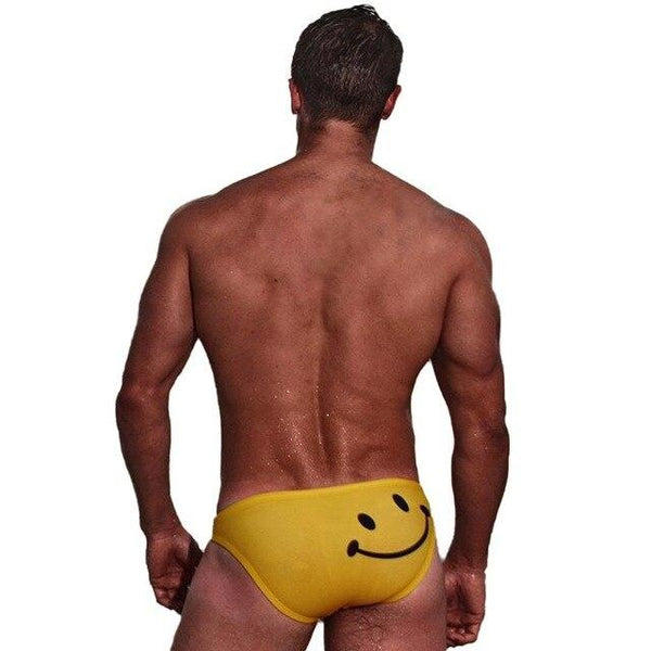 Men Swimming Sexy Briefs Cartoon Smiling Face Printed Low Waist Elastic Cotton Beach Trunks Swimwear Swimsuit Swimming Suit
