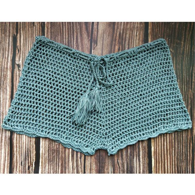 2019 Summer Sexy Women Plain Swim Trunks Crochet Knit Shorts Female Bandage Swimwear Short Swimming Crochet Bottoms