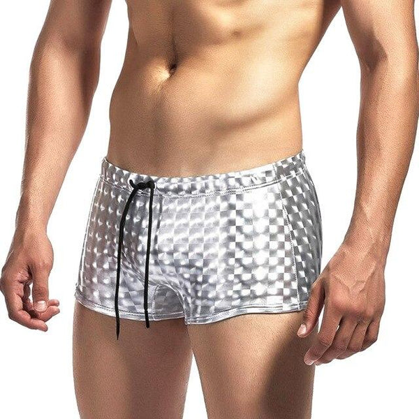 Men Swimwear Pants Shining Plaid Print Low Waist Skinny Elastic Swimming Trunks FK88