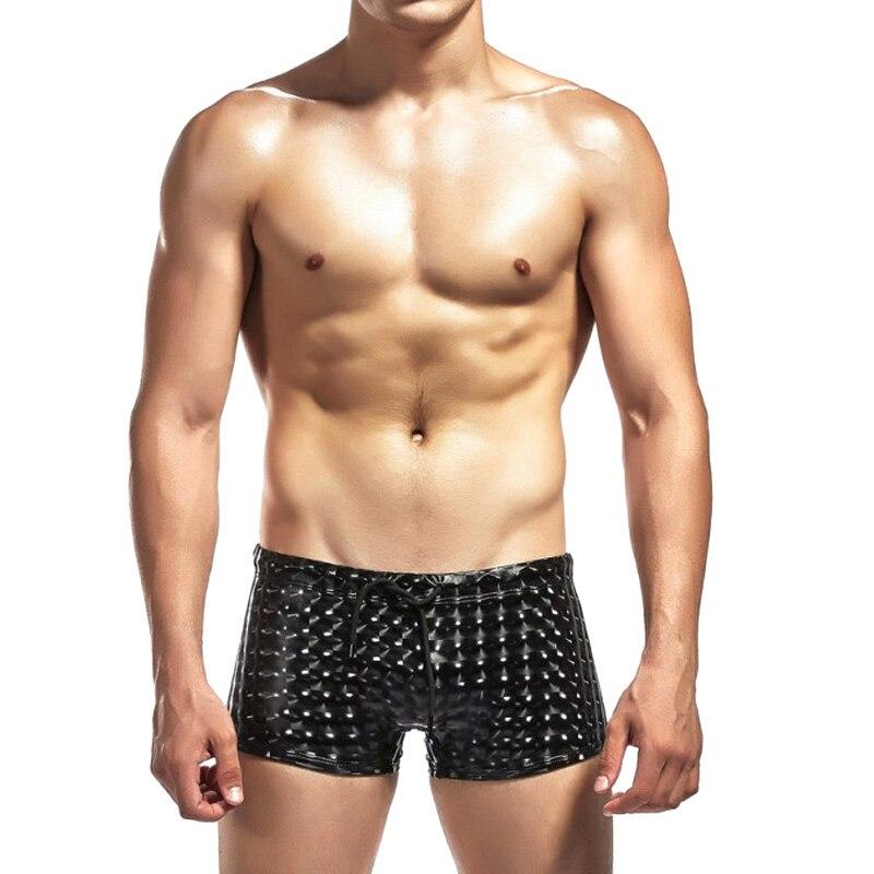 High Men Swimwear Pants Shining Plaid Print Low Waist Skinny Elastic Swimming Trunks DOG88