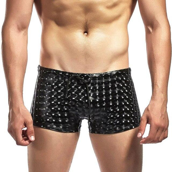 High Men Swimwear Pants Shining Plaid Print Low Waist Skinny Elastic Swimming Trunks DOG88