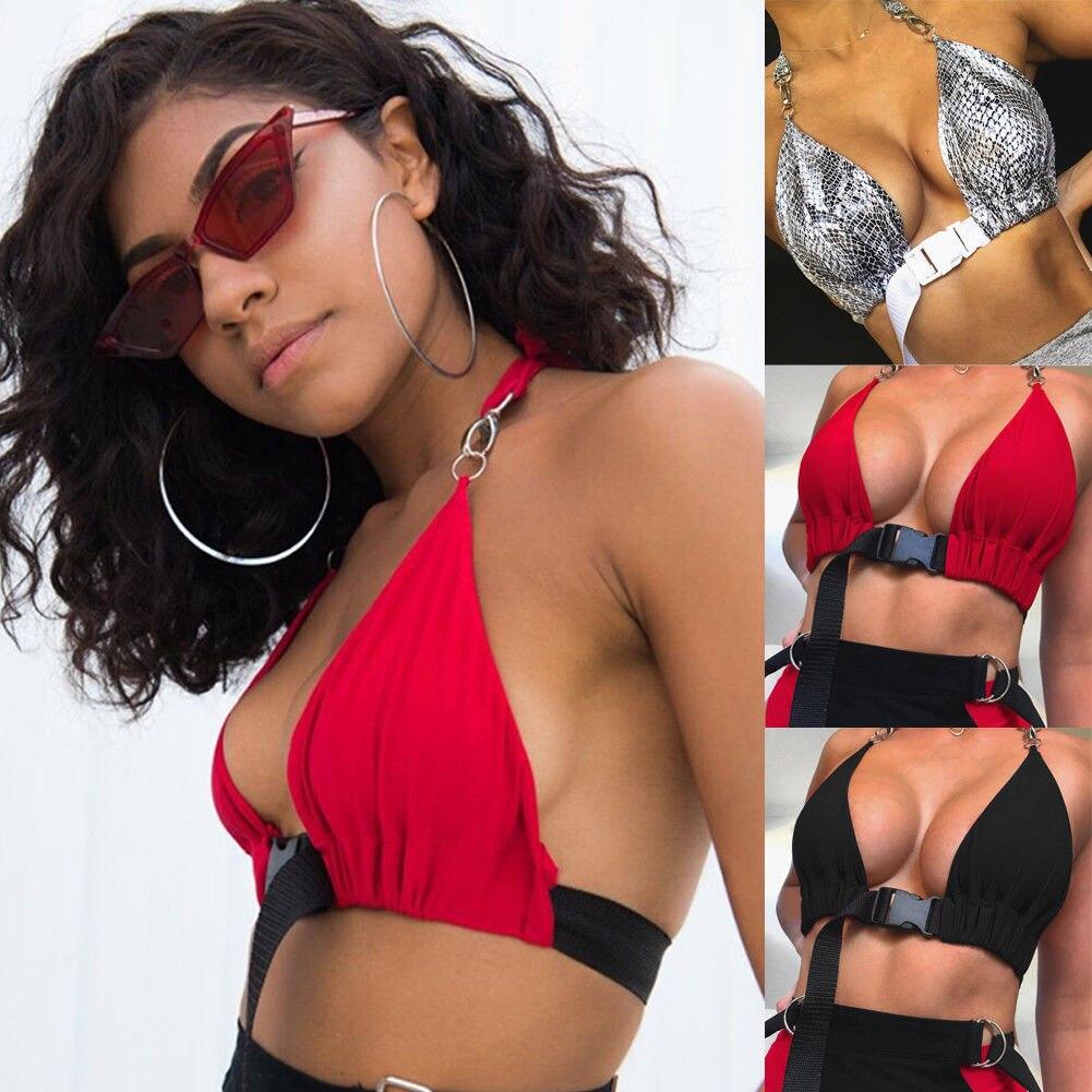 Sexy Women Front Buckle Halter Bandage Bikini Bra Top Bralette Bralet Bustier Crop Tank Tops Swimwear Beachwear Biquini