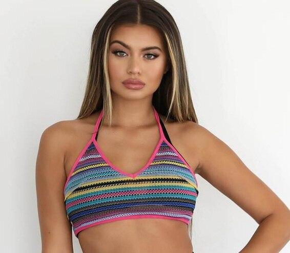 Sexy Women Crochet Straps Backless V-Neck Crop Tops+Shorts+Pants Bikini Cover Up Beach Stripe Bra Shorts Swimwear Bathing