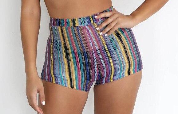 Sexy Women Crochet Straps Backless V-Neck Crop Tops+Shorts+Pants Bikini Cover Up Beach Stripe Bra Shorts Swimwear Bathing