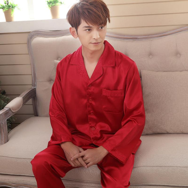 Men's rayon pajama sets gentleman's faux silk long-sleeve pijamas male pyjamas homewear nightwear sleep lounge nightgowns