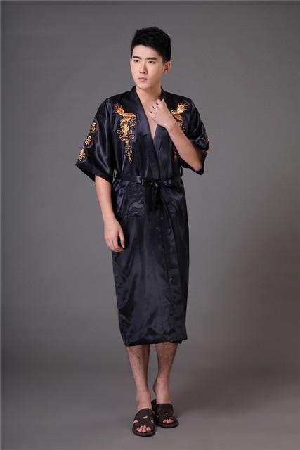 Chinese long Men's Satin Silk home Robe Embroidery male Kimono Bath Dressing Gown Dragon nightgowns pyjamas sleepwear