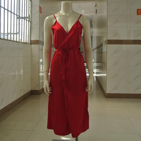 Long Satin Nightgown Comfy Deep V Nightie Sexy A-Line Wrap Slip Split Party Dresses Vestidos Holiday Lingerie