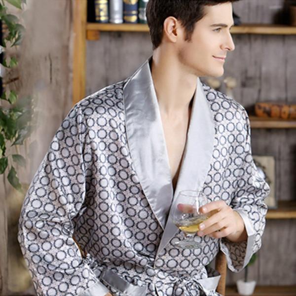 Pijamas Male 2016 New Real Men Luxury Bathrobe Geometric Robes V-neck Imitation Silk Knitted Sleepwear Full Sleeve Nightwear