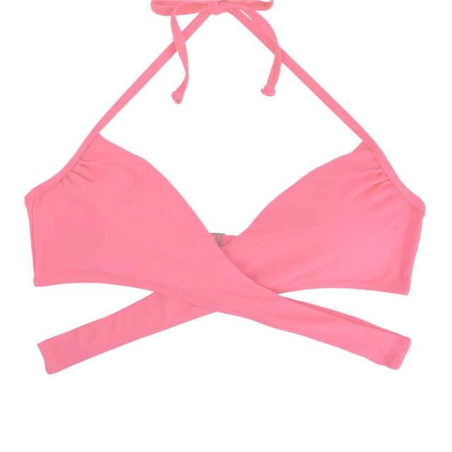 M&M Women Chest Cross Bikini Top Print Push Up Brazilian Swimwear Sport Halter Swimsuit Beach Swimming Bra Solid Biquini T608