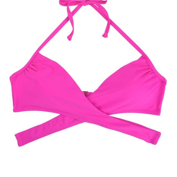 M&M Women Chest Cross Bikini Top Print Push Up Brazilian Swimwear Sport Halter Swimsuit Beach Swimming Bra Solid Biquini T608