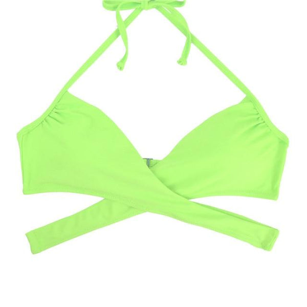 M&M Women Chest Cross Bikini Top Print Push Up Brazilian Swimwear Sport Halter Swimsuit Beach Swimming Bra Solid Biquini T608