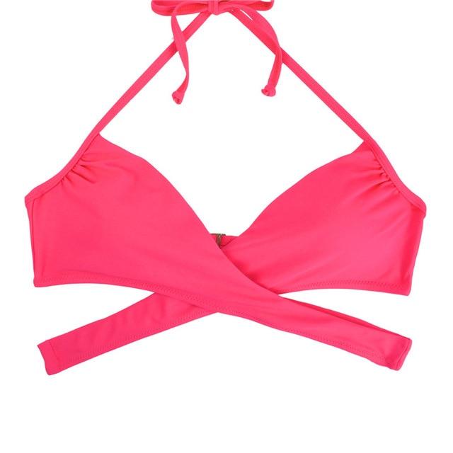 M&M Women Chest Cross Bikini Top Print Push Up Brazilian Swimwear Sport Halter Swimsuit Beach Swimming Bra Solid Biquini T608