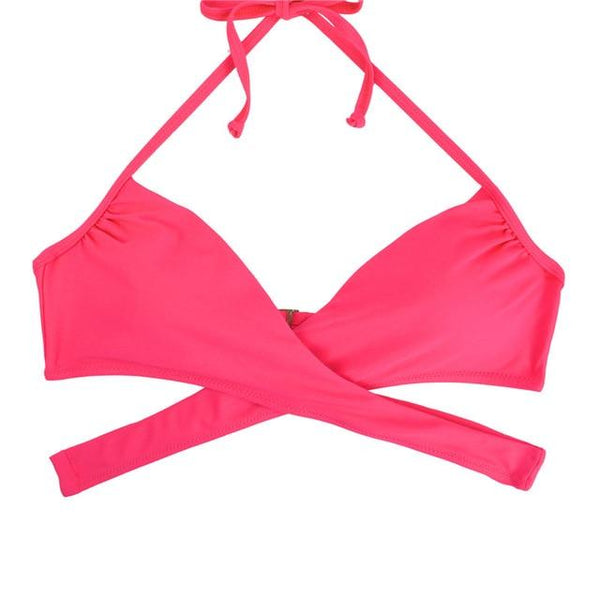 M&M Women Chest Cross Bikini Top Print Push Up Brazilian Swimwear Sport Halter Swimsuit Beach Swimming Bra Solid Biquini T608