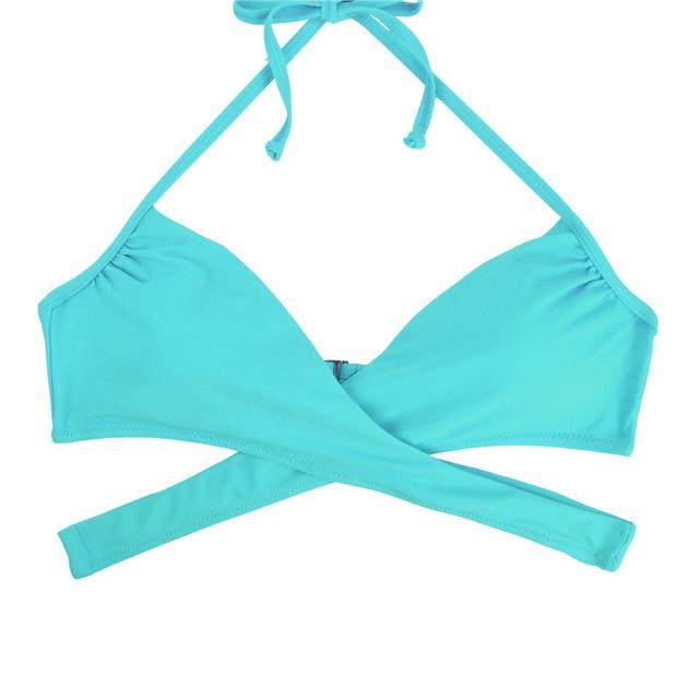 M&M Women Chest Cross Bikini Top Print Push Up Brazilian Swimwear Sport Halter Swimsuit Beach Swimming Bra Solid Biquini T608