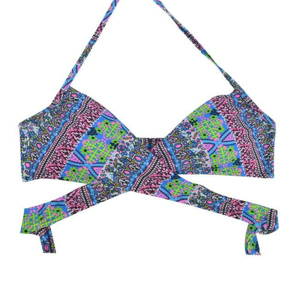 M&M Women Chest Cross Bikini Top Print Push Up Brazilian Swimwear Sport Halter Swimsuit Beach Swimming Bra Solid Biquini T608