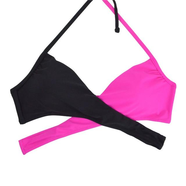 M&M Women Chest Cross Bikini Top Print Push Up Brazilian Swimwear Sport Halter Swimsuit Beach Swimming Bra Solid Biquini T608