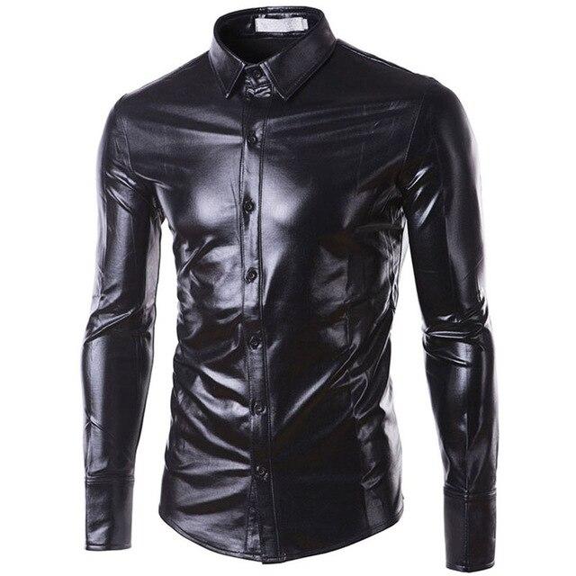 New Mens Trend Night Club Coated Metallic Halloween Gold Silver Button Down Shirts Party Shiny Long Sleeves Dress Shirts
