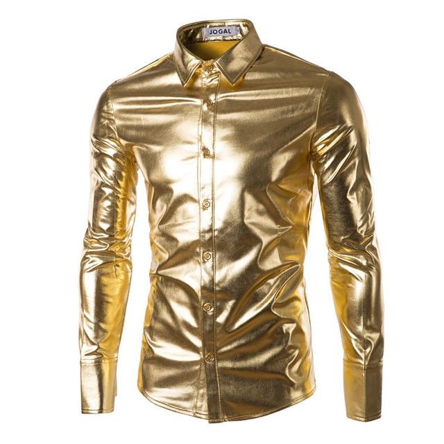 New Mens Trend Night Club Coated Metallic Halloween Gold Silver Button Down Shirts Party Shiny Long Sleeves Dress Shirts