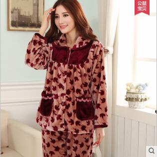 Thickening women winter flannel pajamas female coral fleece pajama sets sleepwear velvet long-sleeve casual nightgown