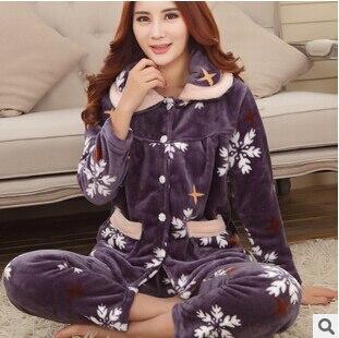 Thickening women winter flannel pajamas female coral fleece pajama sets sleepwear velvet long-sleeve casual nightgown