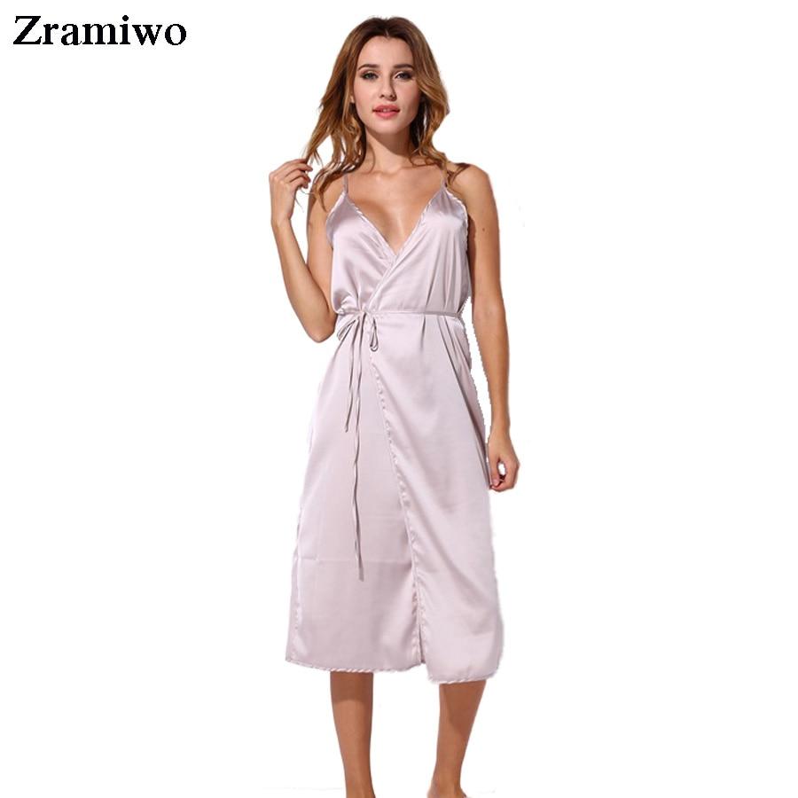 Long Satin Nightgown Comfy Deep V Nightie Sexy A-Line Wrap Slip Split Party Dresses Vestidos Holiday Lingerie