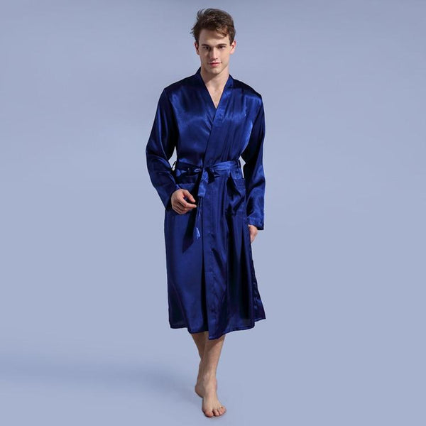Silk Satin Robe Long Night Robe Full Sleeve Bathrobe Solid Kimono Homme Sexy Roupao Fashion Dressing Gown For Men