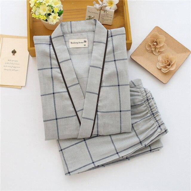 Japanese Men's Yukata Kimono Robes Pajamas Sets Couples Dress Cotton Pants Nightgown Sleep Bathrobe Leisure Wear Traditional