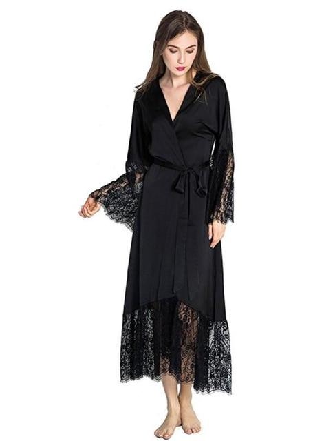 Summer Lace Patchwork Satin Kimono Robe Sexy Sleepwear Lingerie Chemises Women Silk Long Nightgown Wedding bridesmaid Robes