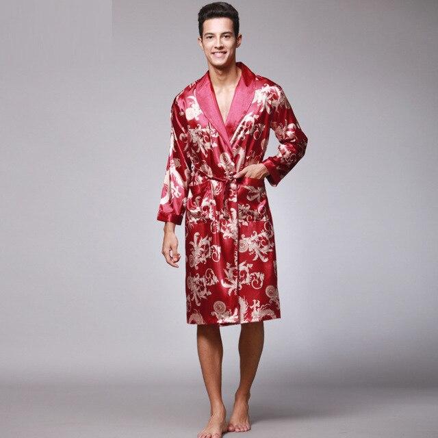 Coffee And Navy Blue Men Silk Robes 2016 Male Senior Satin Sleepwear Summer Long Paisley Pattern Robe Set Long Sleeves Nightgown