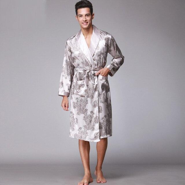 Coffee And Navy Blue Men Silk Robes 2016 Male Senior Satin Sleepwear Summer Long Paisley Pattern Robe Set Long Sleeves Nightgown