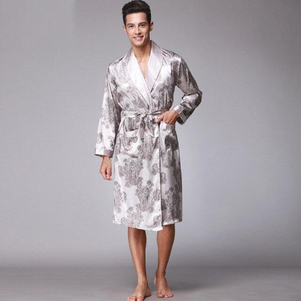 Coffee And Navy Blue Men Silk Robes 2016 Male Senior Satin Sleepwear Summer Long Paisley Pattern Robe Set Long Sleeves Nightgown