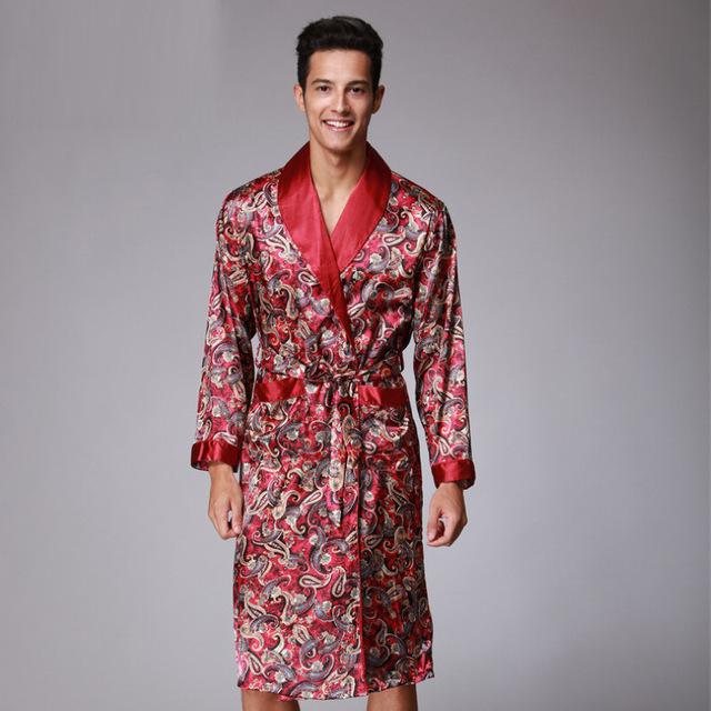 Coffee And Navy Blue Men Silk Robes 2016 Male Senior Satin Sleepwear Summer Long Paisley Pattern Robe Set Long Sleeves Nightgown