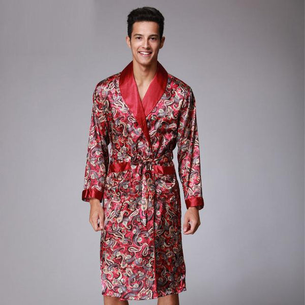 Coffee And Navy Blue Men Silk Robes 2016 Male Senior Satin Sleepwear Summer Long Paisley Pattern Robe Set Long Sleeves Nightgown